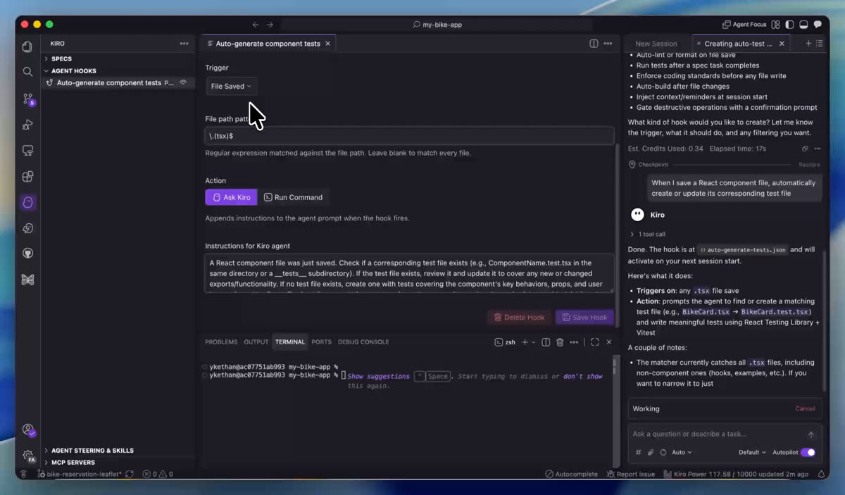 Kiro的hook配置页:Trigger是File Saved,文件匹配规则,Action是Ask Kiro,下面是给Kiro的指令