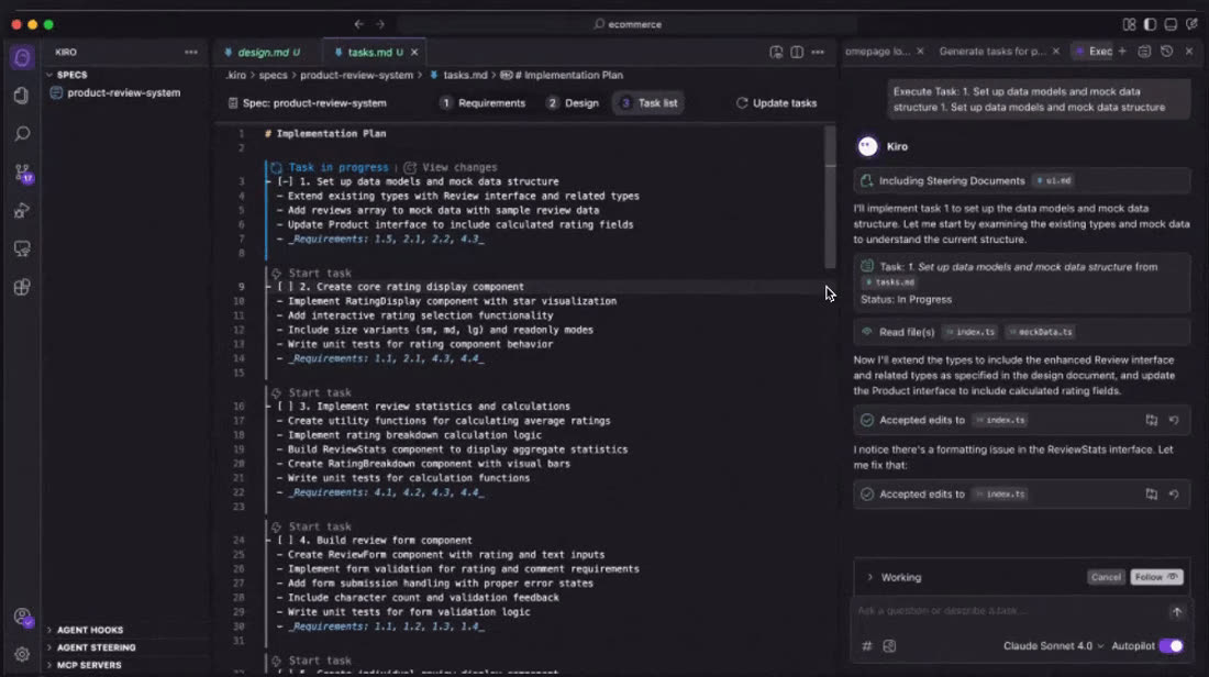 Kiro的tasks.md任务清单,第一项Task in progress,其余是Start task,右边聊天在执行