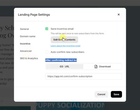 Kit落地页设置的Incentive页,勾选Send incentive email,确认后跳转网址或下载
