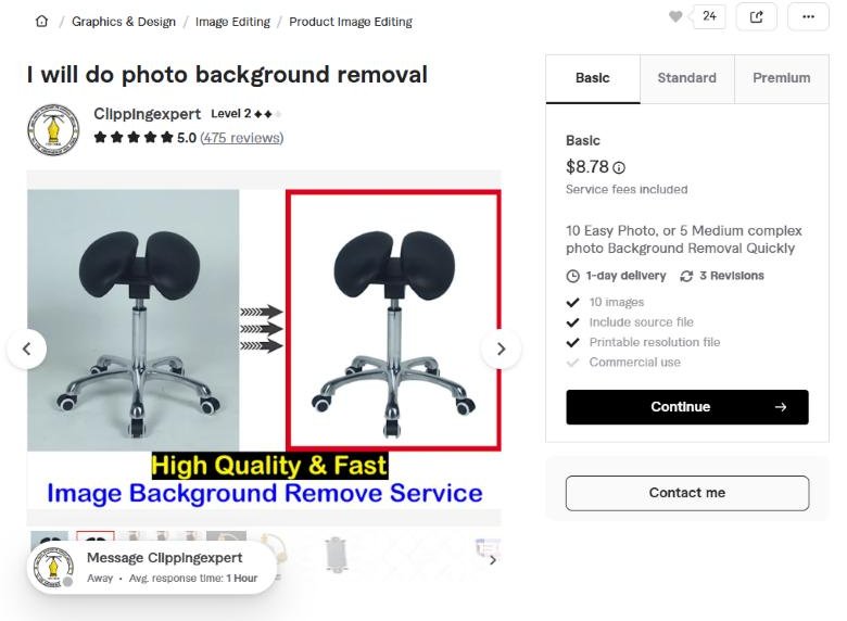 Fiverr抠图服务页I will do photo background removal,类目Product Image Editing,475条评价5.0分