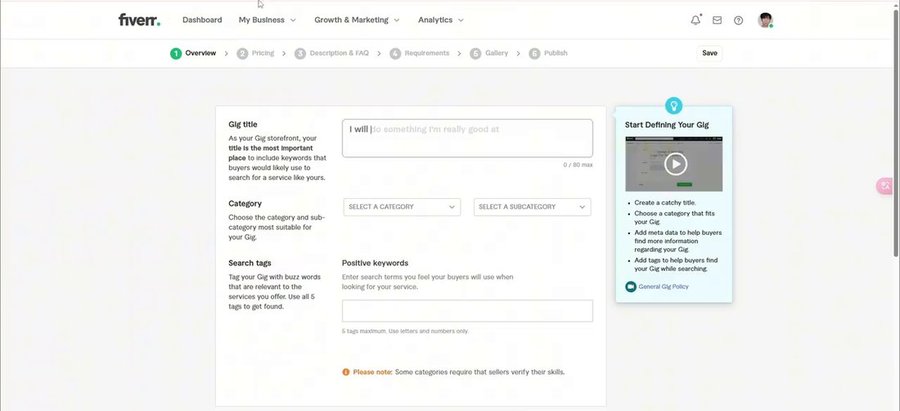 Fiverr新建服务页Overview:填Gig title、Category和Search tags