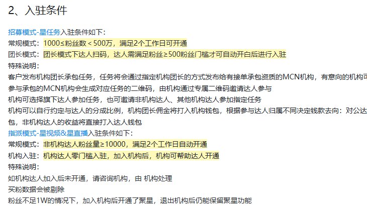 磁力聚星帮助中心入驻条件:星任务常规模式1000≤粉丝数<500万,团长模式粉丝≥500,星视频星直播非机构达人粉丝量≥10000,机构达人零门槛,买粉数据会被剔除