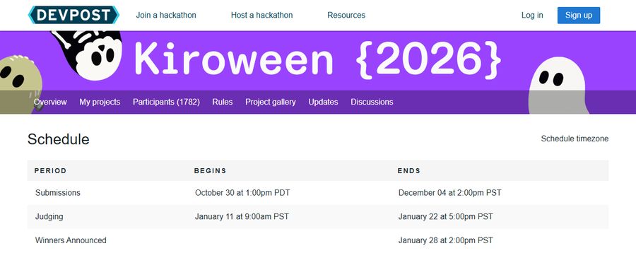 Kiroween 2026日程页,Submissions 10月30日13:00 PDT到12月4日14:00 PST,Judging 1月11日到1月22日,Winners Announced 1月28日