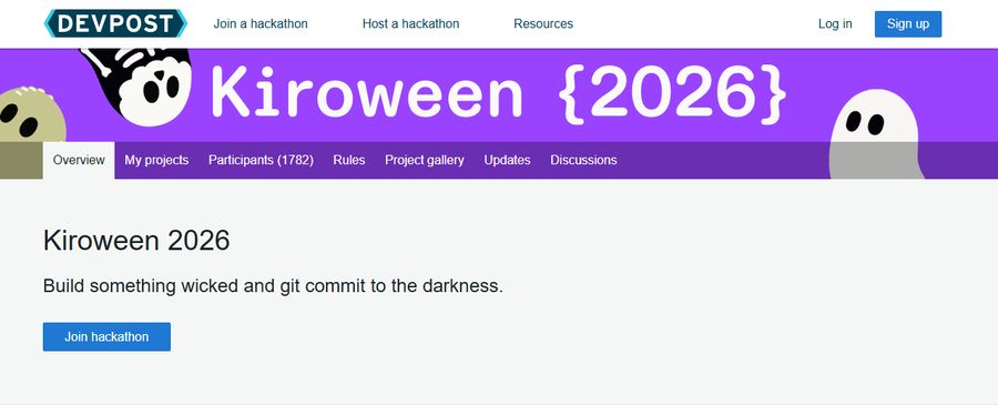 Kiroween 2026官方赛事页,Devpost托管,标题 Build something wicked and git commit to the darkness,Join hackathon 按钮