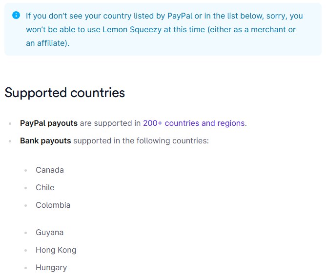 Lemon Squeezy支持国家说明:PayPal打款覆盖200多个国家和地区,银行打款名单里Chile后面是Colombia、有Hong Kong,名单都不在就用不了