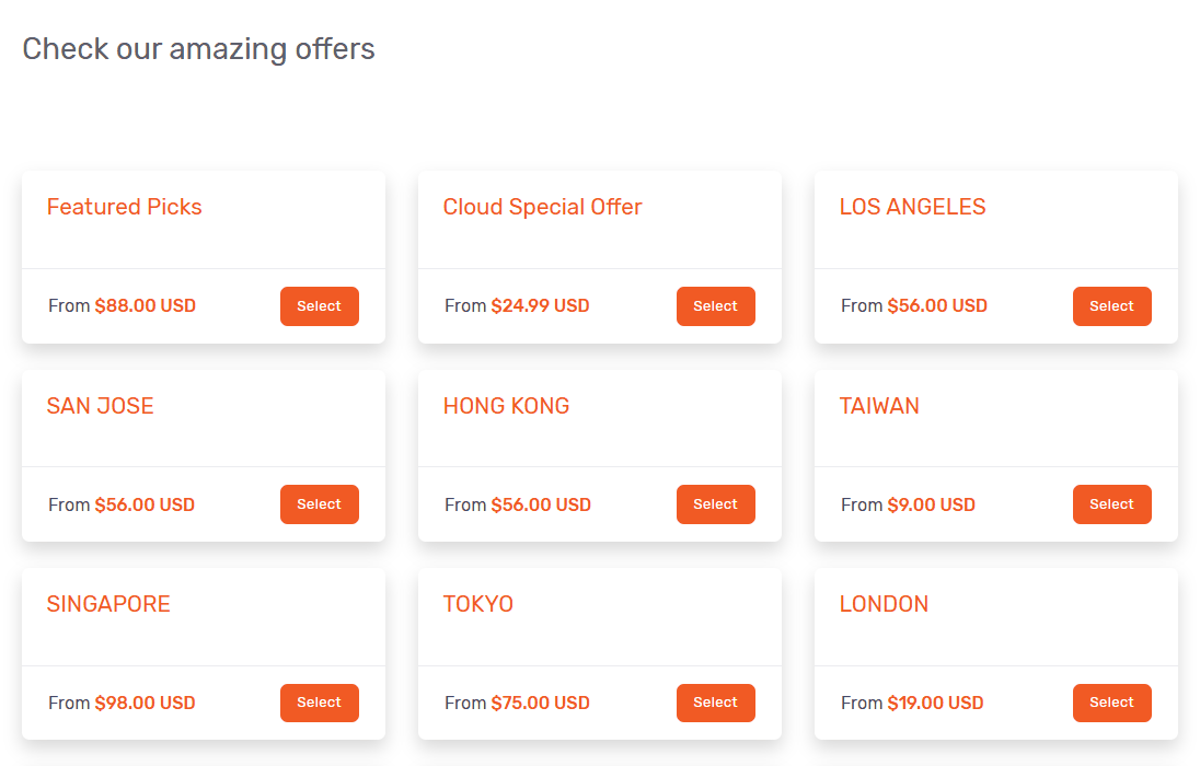 LightLayer客户中心产品页分类和起价：HONG KONG起价56美元，Cloud Special Offer起价24.99美元