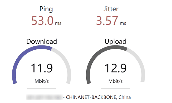 LightLayer香港1核1G 10M优化线路机器电信宽带测速：延迟53.0ms，抖动3.57ms，下载11.9Mbit/s，上传12.9Mbit/s