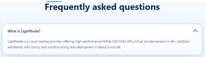 LightNode官网首页常见问题:40多个机房的NVMe KVM VPS,可以按小时或按月计费,约1分钟开通