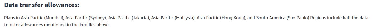 AWS Lightsail英文价格页Data transfer allowances:孟买、悉尼、雅加达、马来西亚、香港和南美圣保罗区域的套餐流量额度是标注的一半