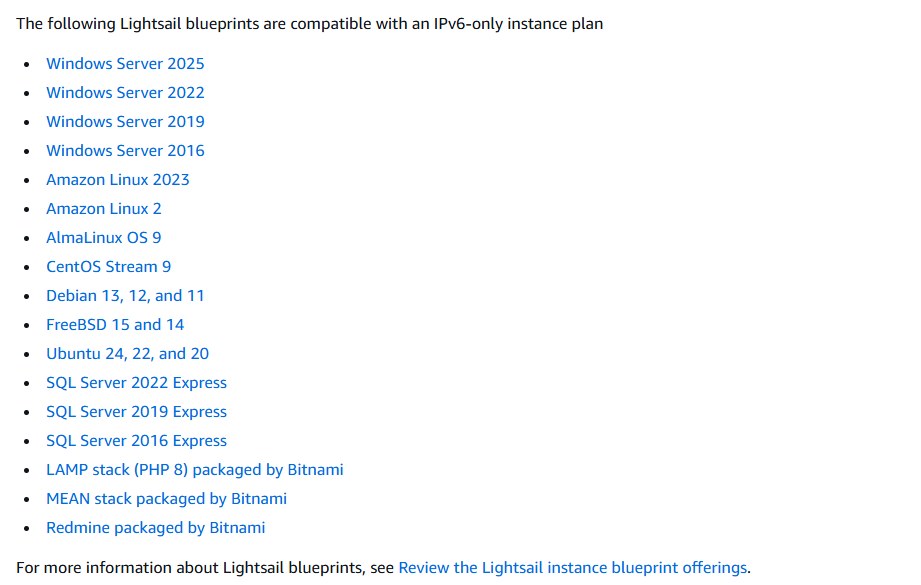 AWS Lightsail IPv6-only兼容镜像列表：Windows Server、Amazon Linux、Debian、Ubuntu、Bitnami LAMP等，没有WordPress