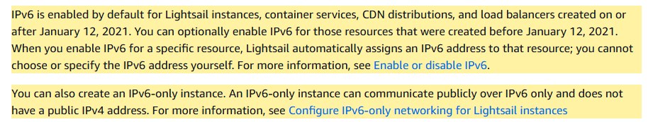 AWS Lightsail文档：2021年1月12日之后创建的实例默认开启IPv6，也可以创建只有IPv6、没有公网IPv4的实例