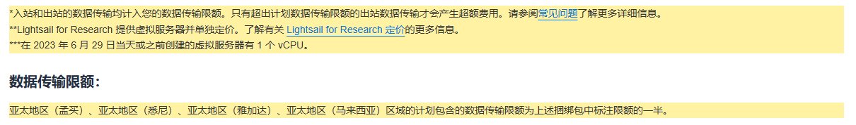 Lightsail定价页原文：入站和出站都计入数据传输限额，只有超额的出站收费；孟买、悉尼、雅加达、马来西亚限额减半；2023年6月29日之前建的实例1个vCPU