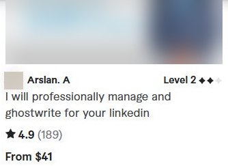 Fiverr搜索页上一位巴基斯坦卖家的LinkedIn代写服务卡片:Level 2、4.9分189条评价、起价41美金