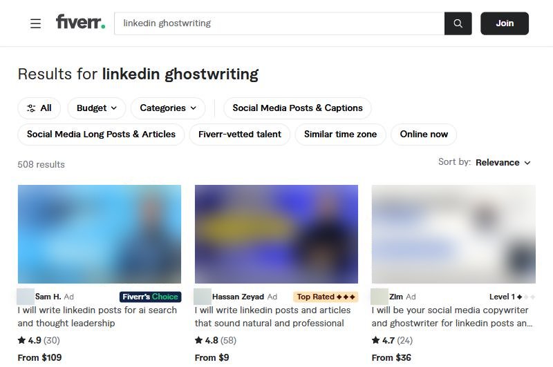 Fiverr搜索linkedin ghostwriting的结果页:508个服务,前三个起价109美金、9美金、36美金