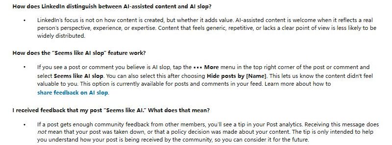 LinkedIn帮助中心AI内容最佳实践:怎么区分AI辅助和AI slop、Seems like AI slop反馈键怎么用