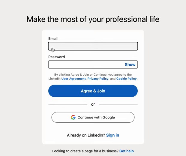 领英英文注册页截图:Email、Password、Agree & Join,下面是Continue with Google