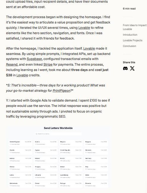 PrintPigeon创始人采访原文:连学带做约三天,花了38美元Lovable积分,先花100英镑谷歌广告验证需求