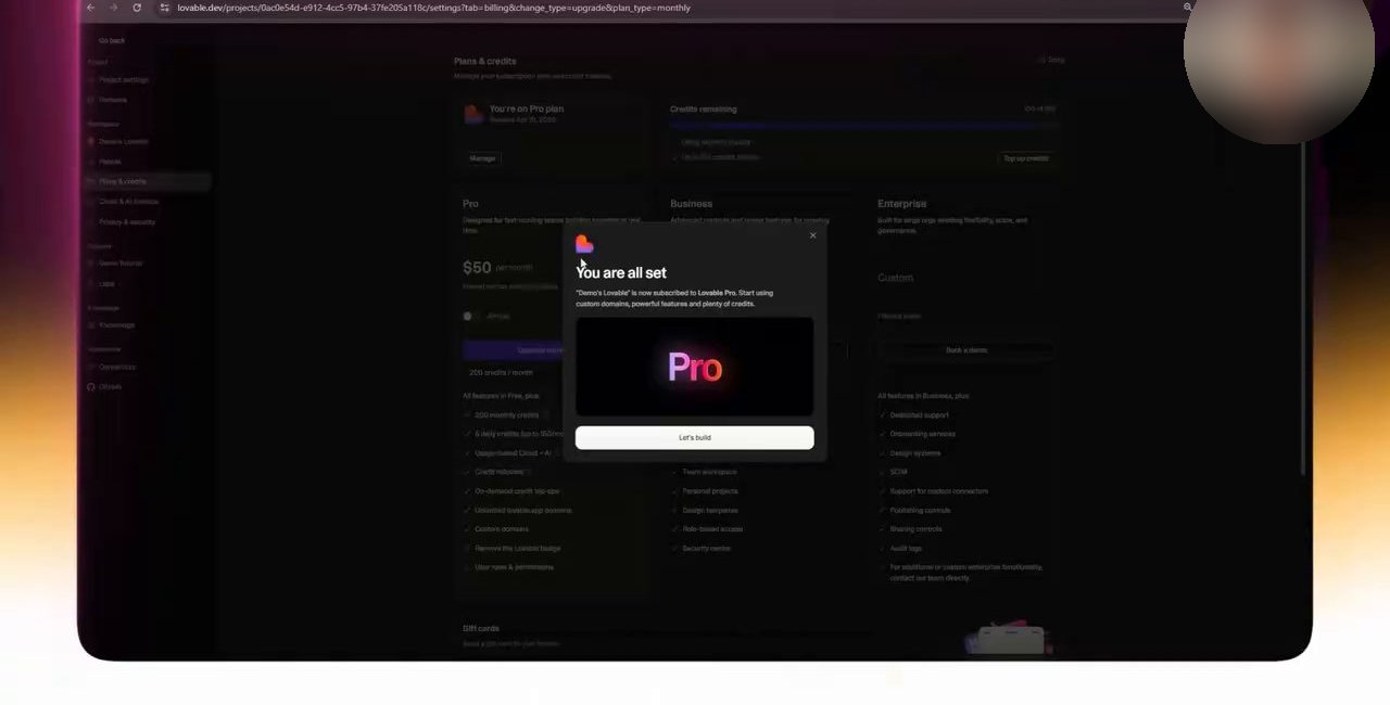 Lovable升级Pro方案后弹出You are all set提示,可以开始用自定义域名