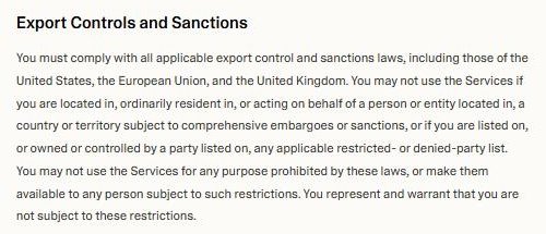 Lovable服务条款Export Controls and Sanctions一节原文,只排除受全面禁运或制裁地区和制裁名单上的人
