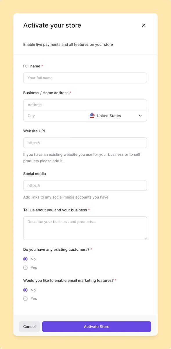 Lemon Squeezy激活商店弹窗,要填Full name、Business / Home address、Website URL、Social media和业务描述