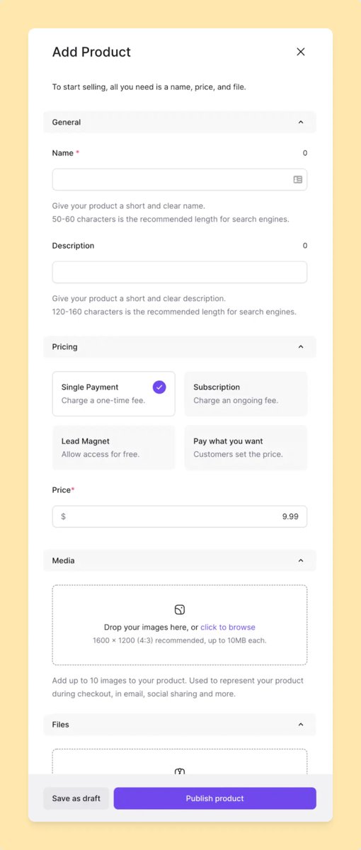 Lemon Squeezy添加产品弹窗,Pricing里Single Payment、Subscription、Lead Magnet、Pay what you want四选一,价格示例9.99美元