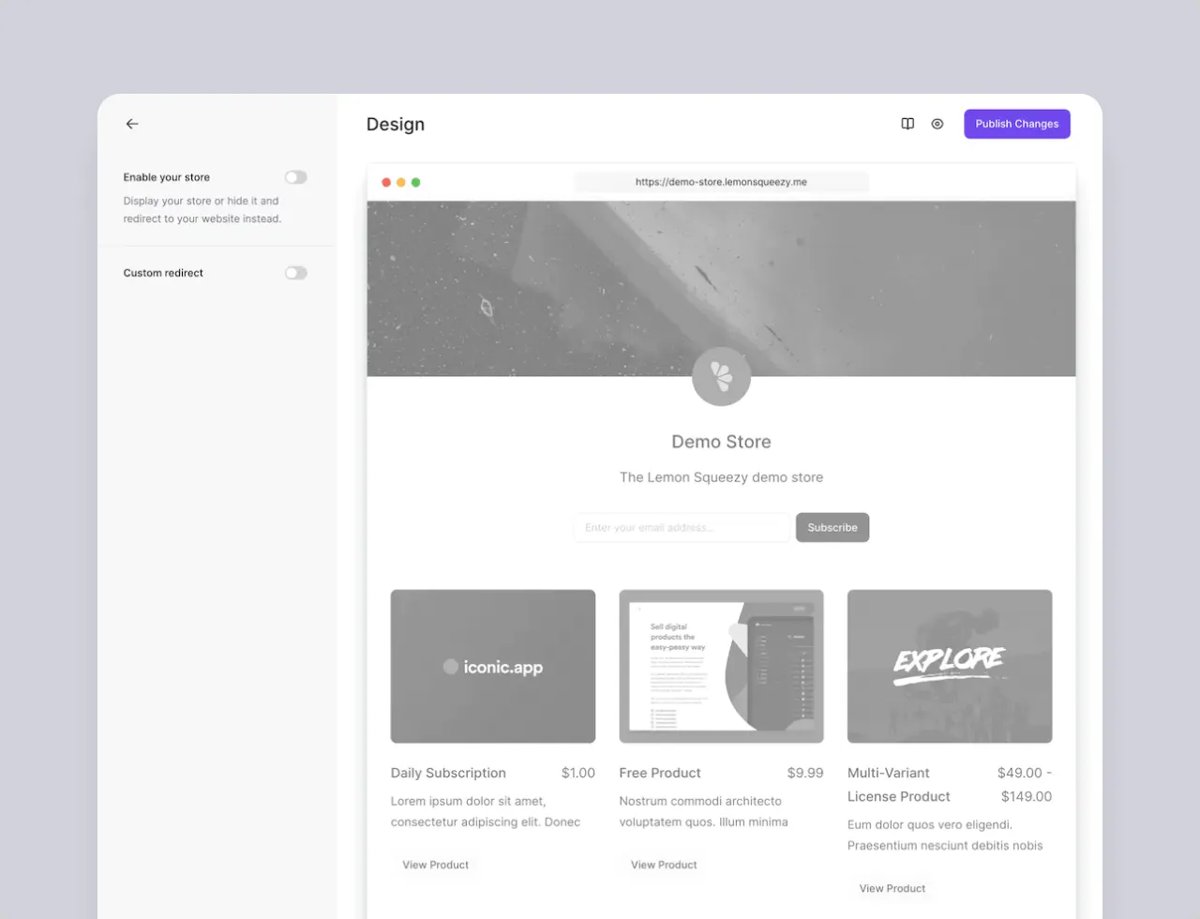 Lemon Squeezy商店设计页,左上角有Enable your store和Custom redirect两个开关