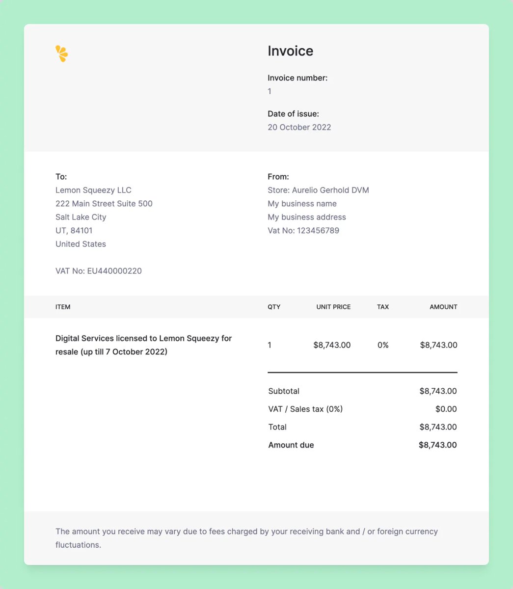 Lemon Squeezy每次打款自动生成的反向发票样例,样例金额8,743美元