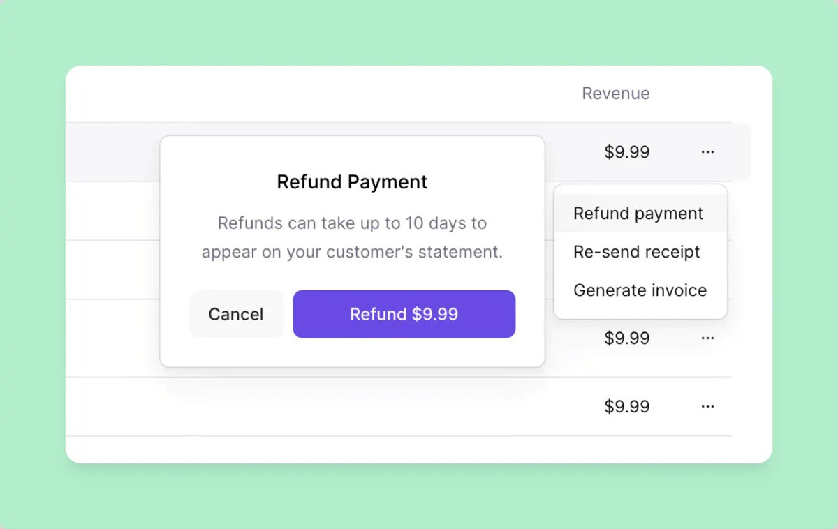 Lemon Squeezy订单列表里的Refund Payment退款弹窗,写着退款最多10天出现在买家账单上