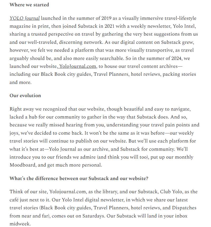 YOLO Journal介绍页:2019年纸刊、2021年上Substack、2024年夏天自建网站,网站是图书馆、Substack是咖啡馆