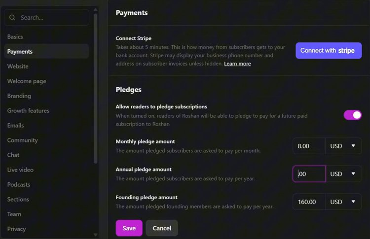 Substack后台Settings里的Payments页:Connect with Stripe按钮和月付、年付、创始会员的承诺金额