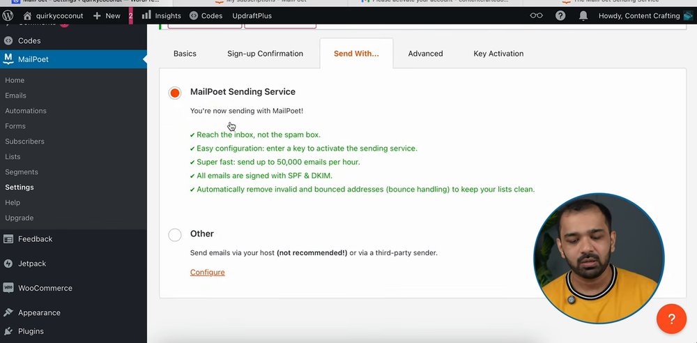 MailPoet发送设置,自带发送服务写明SPF和DKIM签名,主机发信标了not recommended