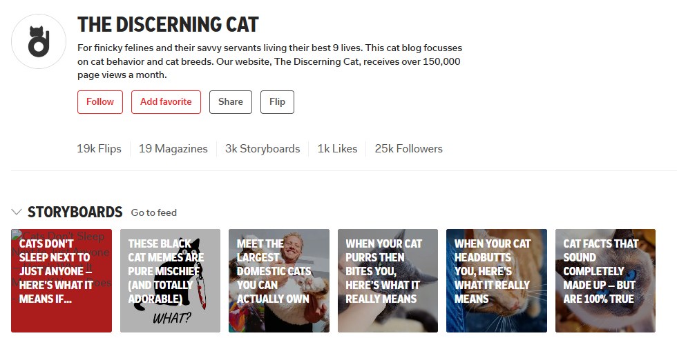 Flipboard上的The Discerning Cat账号:2.5万关注、1.9万次flip、3千个Storyboard,简介写着网站每月15万浏览