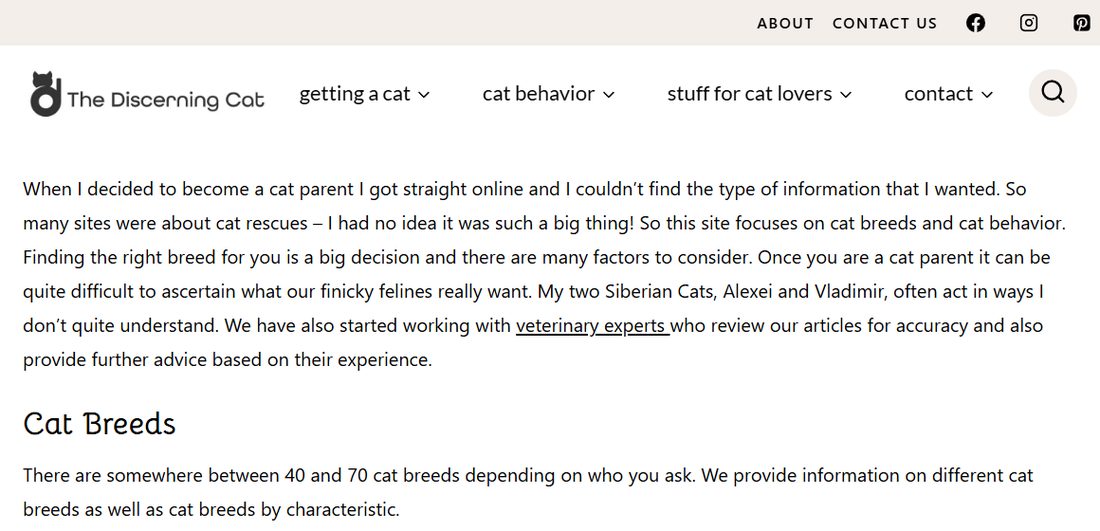 The Discerning Cat养猫站首页:站长说上网找不到想要的信息,所以专讲猫的品种和行为,自己养两只西伯利亚猫,有兽医审稿