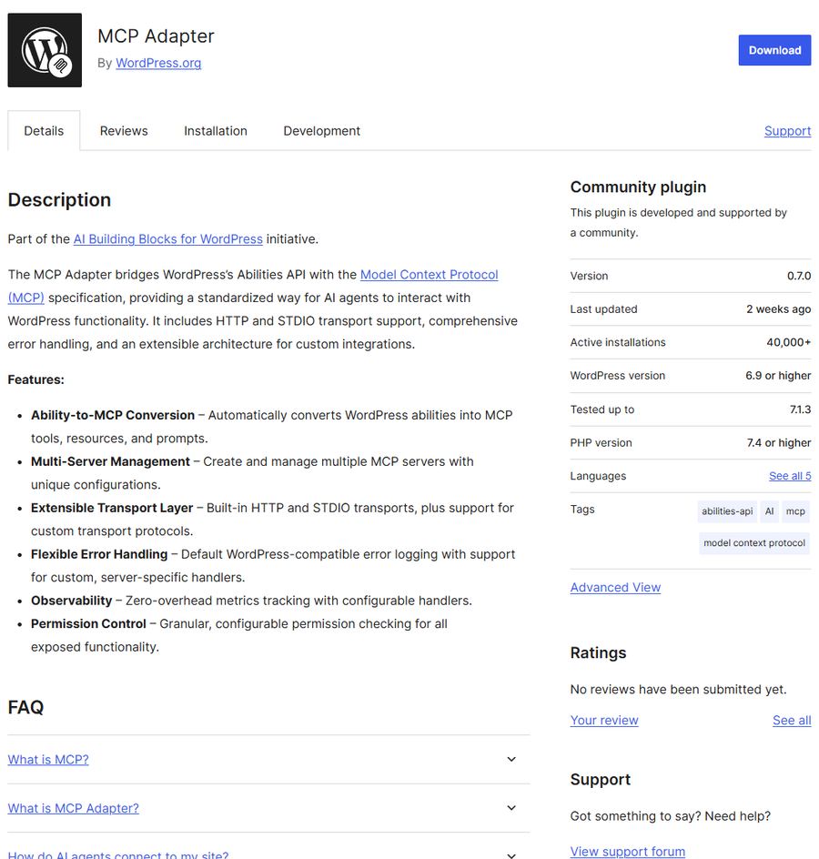 wordpress.org上MCP Adapter插件页,By WordPress.org,版本0.7.0,4万多个站在用,还没有评分