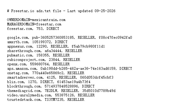 Mexican Train的ads.txt:文件头写Freestar.io ads.txt,OWNERDOMAIN为mexicantrain.com,MANAGERDOMAIN为freestar.com,下面是google.com、pubmatic、rubiconproject等广告买家