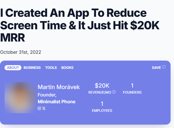 Martin Morávek 2022年10月采访页头,月营收2万美金,1个创始人1个员工