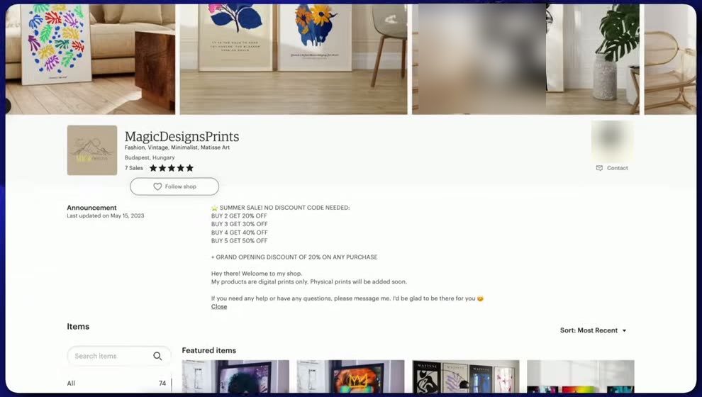 Etsy数字画店铺首页,显示7 Sales、74个商品,公告写只卖数字版