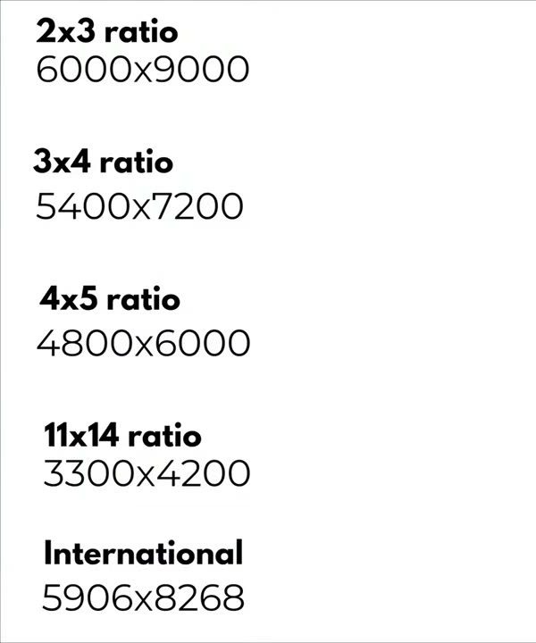 卖家交付的五种打印尺寸:2x3比例6000x9000、3x4比例5400x7200、4x5比例4800x6000、11x14比例3300x4200、国际尺寸5906x8268