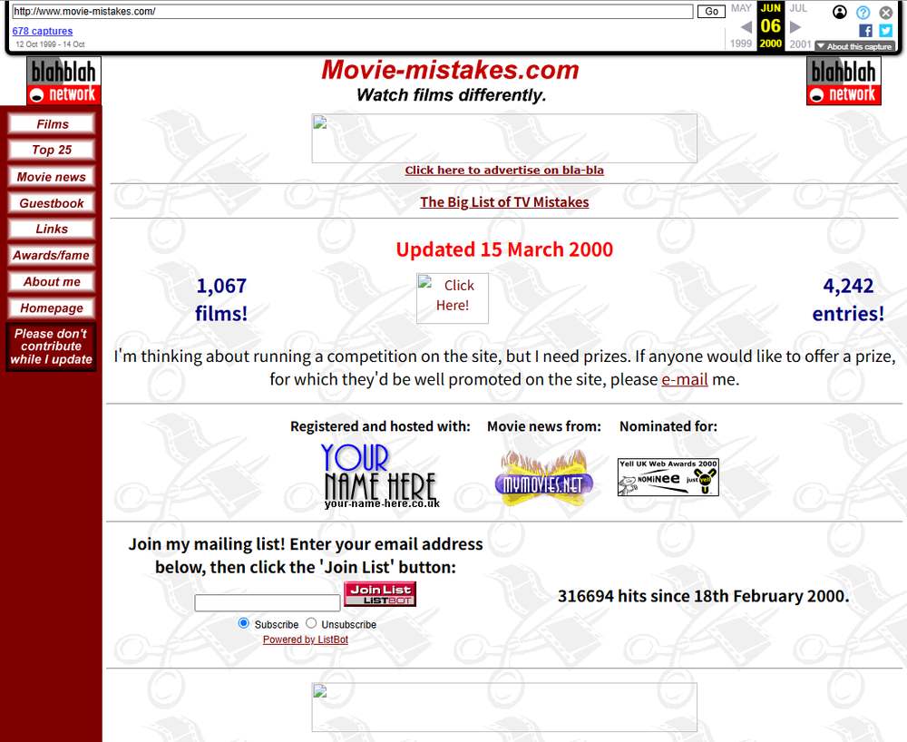 2000年6月网页存档里的movie-mistakes.com首页:1067部片、4242条,顶部是广告网络横幅
