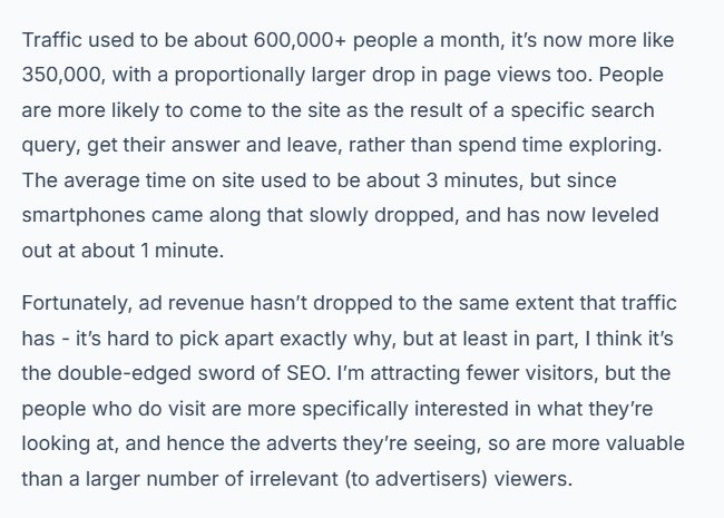 站长公开采访原文:月访从60万以上掉到约35万,停留从3分钟到1分钟,广告收入没有同比例下降
