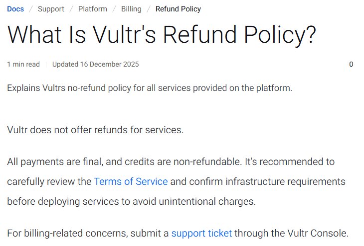 Vultr退款政策文档原文：Vultr does not offer refunds for services，All payments are final, and credits are non-refundable