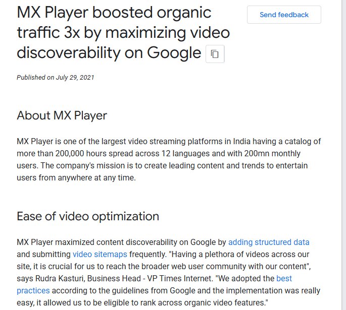 谷歌官方MX Player案例页头:2021年7月29日发布,MX Player片库20万小时以上、12种语言、月活2亿,靠加结构化数据和经常提交视频站点地图做视频优化
