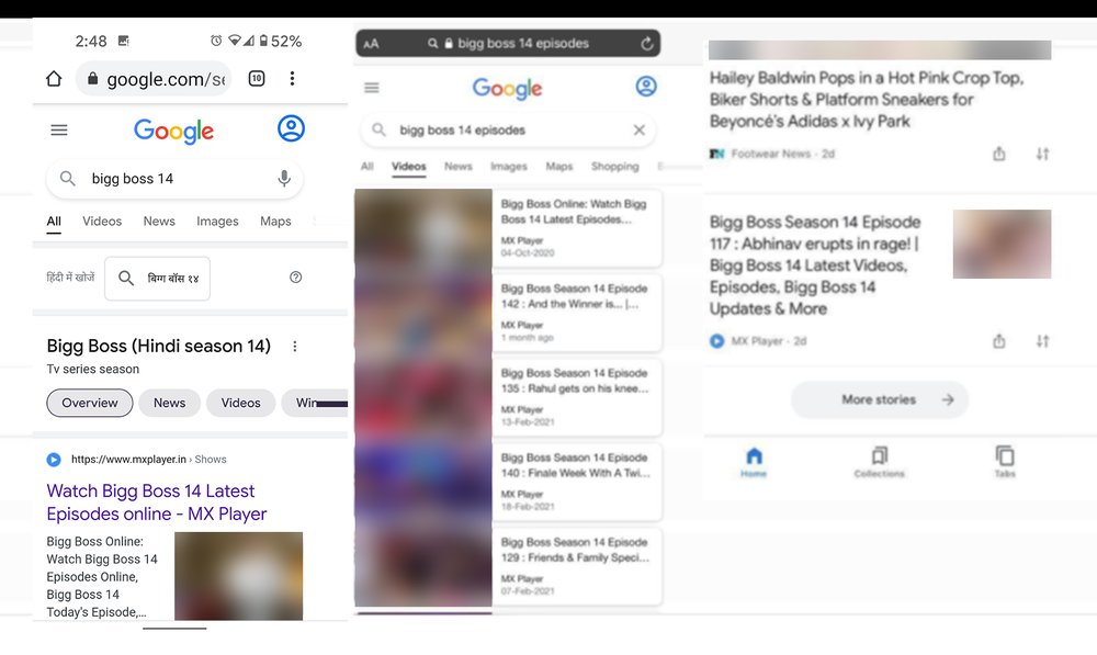 MX Player公开的三张手机截图:谷歌全部结果里的剧集页带视频缩略图、视频标签页一排剧集、Discover里的MX Player卡片