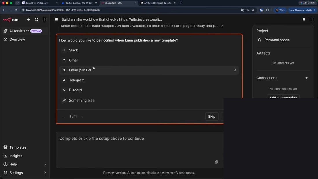 AI Assistant搭工作流时反问用Slack、Gmail、Email、Telegram还是Discord通知