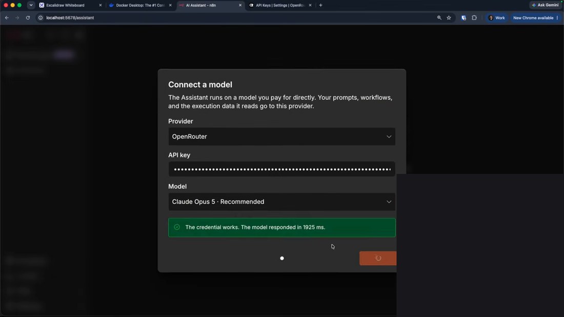 Connect a model窗口:Provider选OpenRouter,API key已用圆点遮住,Model选Claude Opus 5,提示credential works