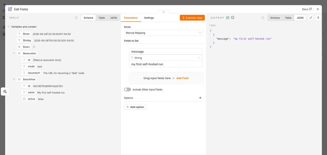 Edit Fields节点:左边是输入,中间设字段message,右边输出JSON