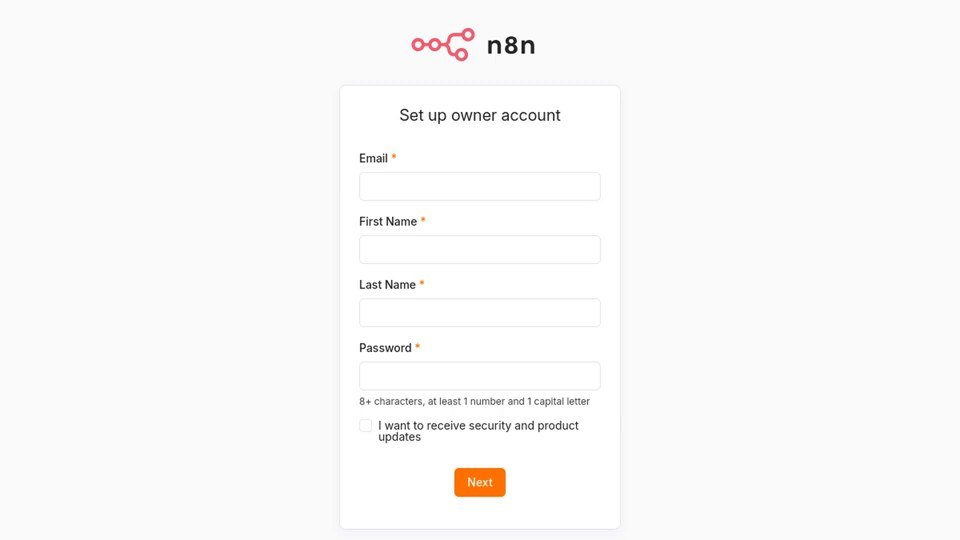 n8n第一次打开的Set up owner account页面,要填邮箱、名字、密码