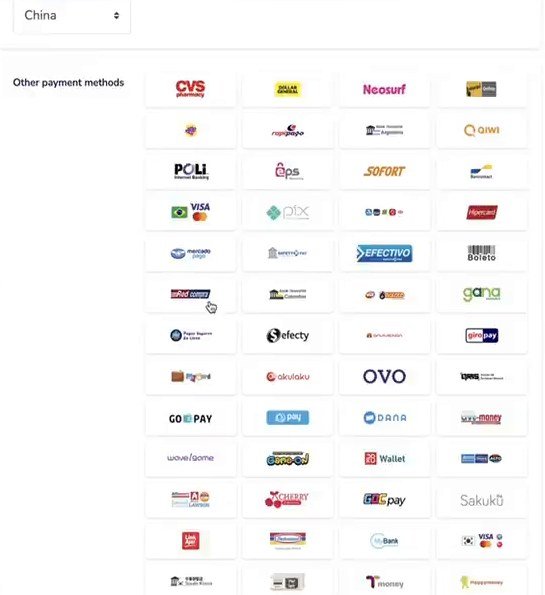 NameSilo结算页Other payment methods付款方式列表，国家选China，下面是一整页付款渠道图标