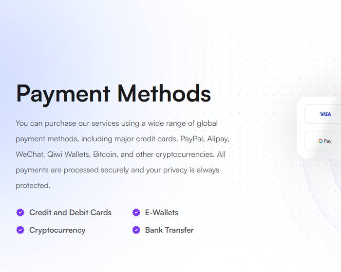 UltaHost付款方式页:信用卡、PayPal、支付宝Alipay、微信WeChat、Qiwi钱包、比特币和其它加密货币