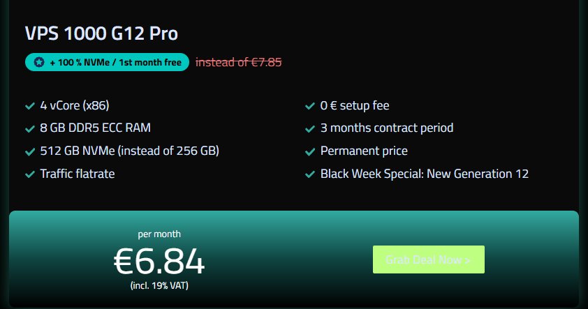 Netcup 2025年黑五VPS 1000 G12 Pro:4核8GB DDR5、512GB NVMe(原256GB)、首月免费、每月6.84欧元含19%增值税,划线7.85欧元